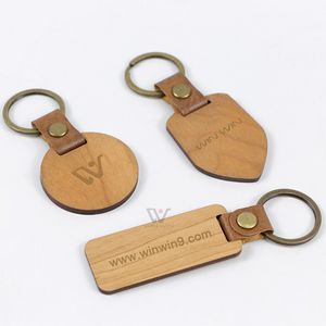 Cherry Wood Keychain Charms Barmen houten luxe pu lederen laser gegraveerde autosleutel ketens promotionele metalen sleutelhangers houten blanco ringen ketting in voorraadproducten