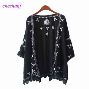 Cheshanf 2021 été plage Kimono Cardigan dentelle broderie plage crème solaire chemise Cardigan ample coton Blouse Femme H1230