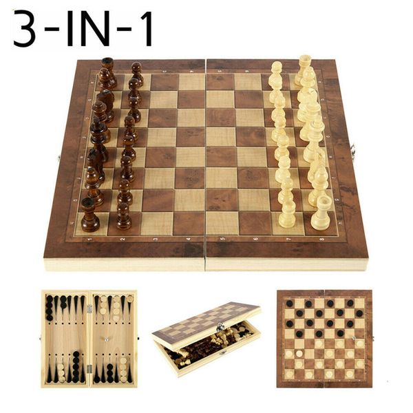 Jeux d'échecs 24x24CM 3in1 International Jeu d'échecs en bois Pliage d'échecs Intérieur Divertissement Portable Jeu de société Checker Cadeau d'anniversaire pour enfant 230711