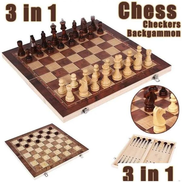 Juegos de ajedrez Tablero 3 en 1 Juego portátil de madera plegable para Adtschess Damas y backgammon 240111 Entrega directa Deportes al aire libre Leisu Dhejm