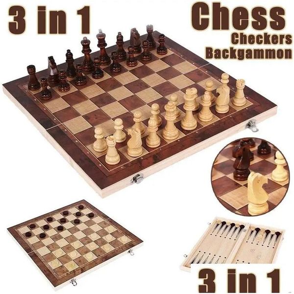 Jeux d'échecs 3 en 1 Board pliant le jeu portable en bois pour Adtschess Checkers et Backgammon Drop Livrot Sports Outdoors Loisk