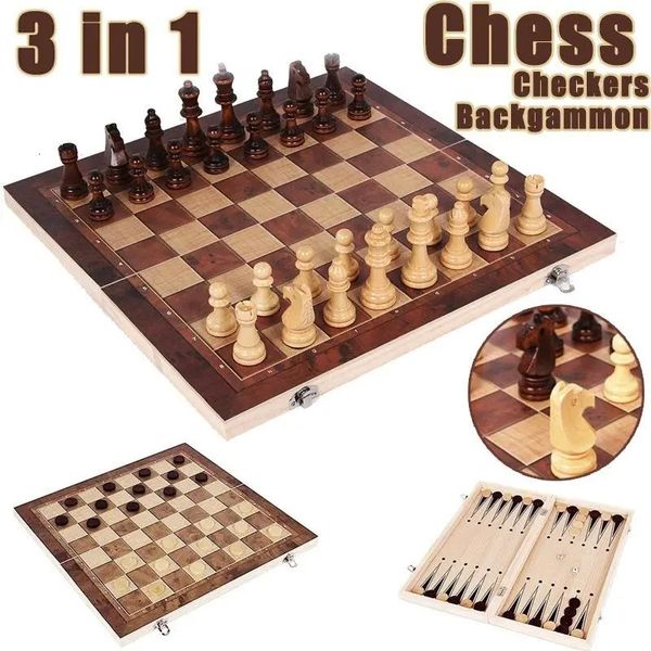 Juegos de ajedrez 3 en 1, juego portátil de madera plegable para adultos, damas de ajedrez y backgammon 231020