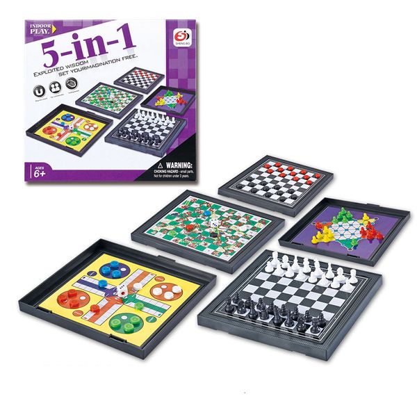 Juegos de ajedrez 5 en 1 Chessmen Checkers Juego de mesa magnético Flying Chess Classic Flight Puzzle Set Juguete educativo para amigo Niños Regalo 230711