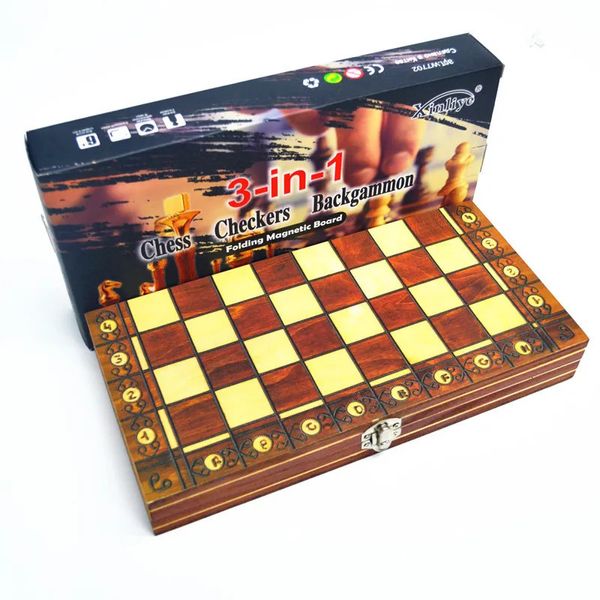 Jeux d'échecs Jeu de dames de backgammon magnétique Jeu de société pliable 3 en 1 Road International Chess Folding Choard Drafts Entertainment 231215