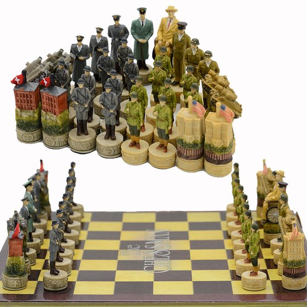 Jeux d'échecs Thème de personnage allemand et américain Pièce en résine Jeu de puzzle Jouet Chevalier de luxe Collection de cadeaux surprise de vacances 230616