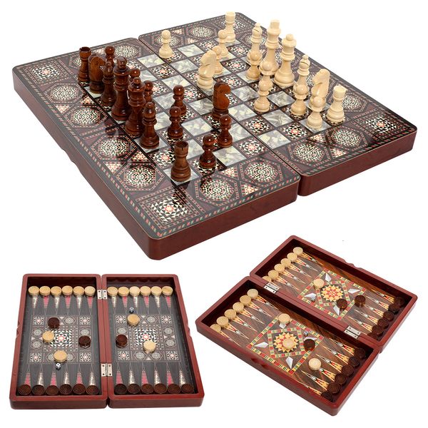 Jeux d'échecs Ensembles en bois Dames Backgammon 3 EN 1 Table de jeu de société Enfants Jouets éducatifs 40CM Échiquier pliable 230612