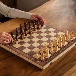 Schaakset - Magnetic Foldable Portable Solid Wood Chess Board - Educatieve spellen voor studenten en kinderen - Kerstcadeau 240415