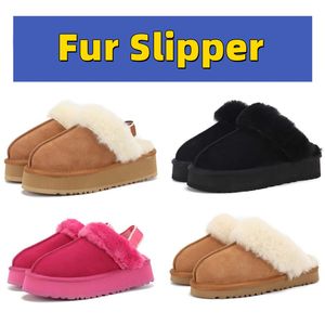 Chestnut Fluff Yeah Slide Australia Pantoufles Funkette en daim et peau de mouton Sherpa Disquette pour femme - Plateforme doublée de fourrure de mouton - Sandales plates à enfiler