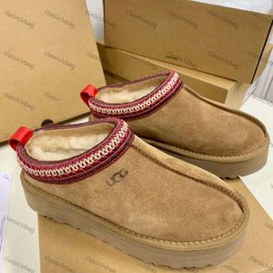 Kastanje bont glijdt schapenvacht skarling slippers vrouwen mannen ultra mini platform laars suède bovenste comfort herfst winter