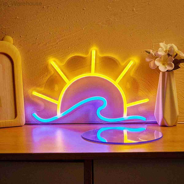 Chi-buy LED Neon Sun + Wave USB Powered Neon Signs Night Light 3D Wall Art Salle de jeux Chambre Salon Décor Lampe Signes HKD230825