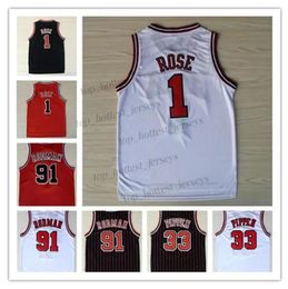 Chi Retro Mens # 1 Derrick Rose Scottie # 33 Pippen Baloncesto Jersey Dennis # 91 Rodman Baloncesto cosido Rayas negras rojas Camisetas cosidas vintage