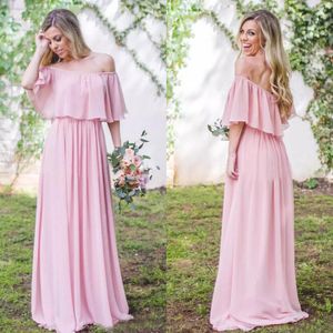 Chique 2017 roze chiffon off the schouder bohemien land bruidsmeisje jurken lange goedkope ruches vloer lengte meid van eer jurken EN8086