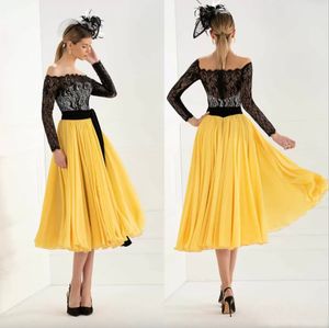 Chic 2023 Dentelle Mère De La Mariée Robes Avec Manches Longues Appliqued Longueur Au Genou Invité De Mariage Robe Sur Mesure Jaune Robes De Soirée