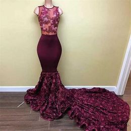 Chique 3D Rose Flower Sweep Train Prom Gozels Appliques Formele feestjurk Prachtige Afrikaanse Bourgondië Long Mermaid Prom Dresses Vestido