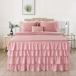 Ensemble de couvre-lit jupe à volants Chic 4 pièces-tricot doux, confort respirant, lavable en machine, décoration de chambre et de dortoir