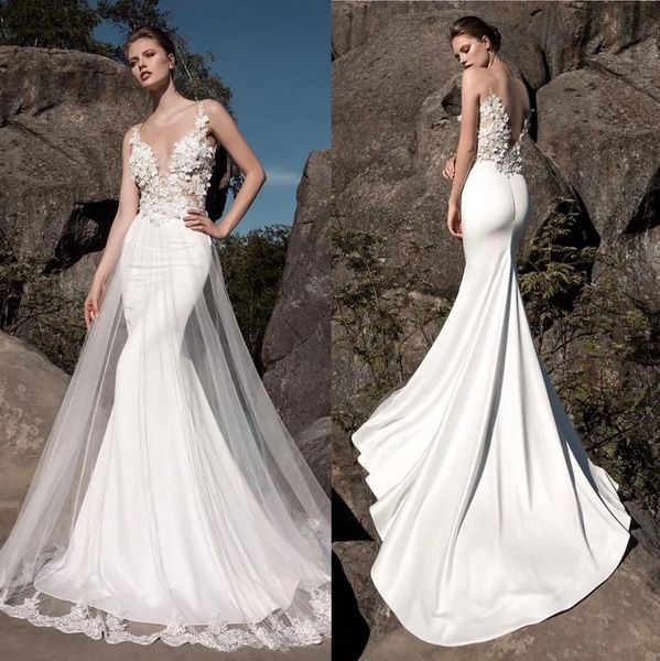 Elegantes vestidos de novia de sirena sin espalda con cuentas Sheer V Neck 3D apliques vestidos de novia de playa con falda desmontable de talla grande