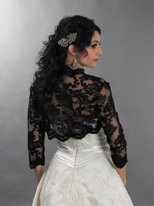 Chique zwarte bruiloft bruids bolero jas cap wrap schouderophalen goedkope lange mouw voorkant open kant applique pure jas voor bruiloft bruid C256A