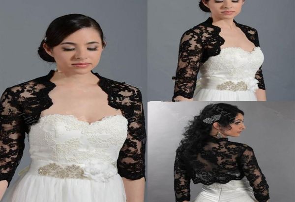 Elegante chaqueta de bolero nupcial de boda negra, abrigo, encogimiento de hombros, barato, manga larga, frente abierto, apliques de encaje, chaqueta transparente para novia de boda C5944522