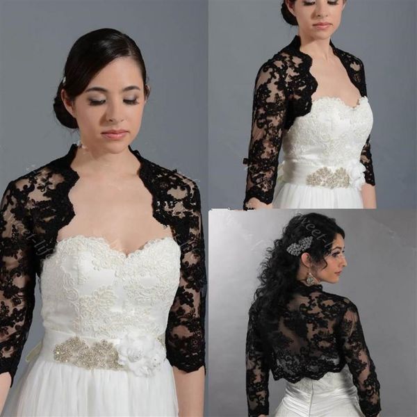 Chic noir mariage mariée boléro veste Cap Wrap haussement d'épaules pas cher à manches longues avant ouvert dentelle Applique pure veste pour mariée de mariage C2118