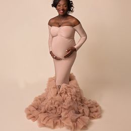 Chique blozen roze ruches moederschap gewaden vrouwen lange mouwen fotoshoot pluizig tiered jurk formele evenement overlay nachtkleding 2021