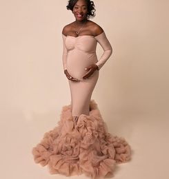 Chic Blush rose volants Robes de maternité femmes à manches longues Poshoot moelleux robe à plusieurs niveaux événement formel superposition vêtements de nuit 20215570084