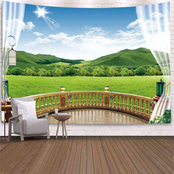 Tapiz bohemio elegante, paño de pared de pastizales verdes, tela grande, vista al mar, decoración moderna, Mural, alfombras J220804