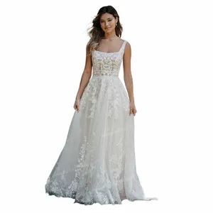 Chic Boho A-ligne robe de mariée carré décolleté Vintage élégance plage mariage Dr pour robe de mariée de novia dentelle Appliques h4Bi #