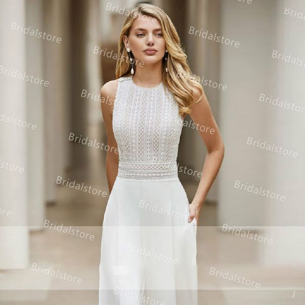 Chic Boho Combinaison Robes De Mariée 2021 Sexy Dos Nu Pantalon Blanc En Mousseline De Soie Robe De Mariée Bohème Élégant O Cou Sans Manches Pays 238P