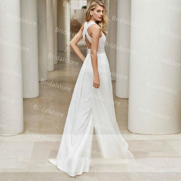 Chic Boho Combinaison Robes De Mariée 2021 Sexy Dos Nu Blanc Pantalon En Mousseline De Soie Bohème Robe De Mariée Élégant O Cou Sans Manches Pays 278J