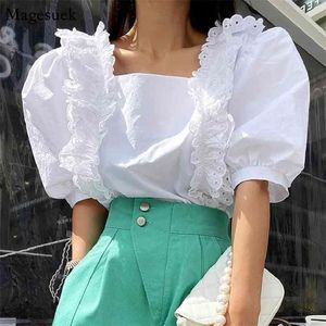 Chic Bubble, camisa de manga corta con cuello cuadrado y volantes de ganchillo, blusa blanca holgada Vintage para mujer, Tops coreanos de verano 14319 210512