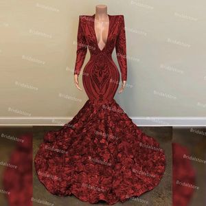 Chique Bourgondië Mermaid Prom Dresses voor Black Girls with Crochet Lace Sexy V-hals Lange Mouw Avondjurk 2021 3D Rose Flower Bottom Tight Formal Party Town