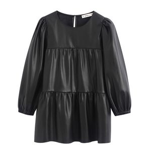 Chic Cascading PU Cuir Blouses Femmes Mode Lâche O Cou Tops Dames Élégantes À Manches Longues Chemises 210401