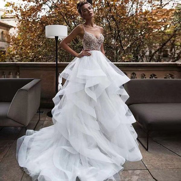 Vestidos De Novia elegantes con volantes en cascada, tirantes finos, falda acampanada, Top con cuentas, Vestido De Novia cruzado