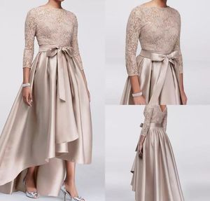 Chic Champagne A-ligne Haut Bas Mère De La Mariée Robes Paillettes Dentelle Top Manches Longues Robe De Soirée Porter Pas Cher Invité De Mariage Robe