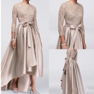 Chique champagne a-line hoge lage moeder van de bruid jurken lovertjes kanten top lange mouwen jurken jurken avondkleding goedkope bruiloft gasten dres 186l