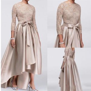 Chic Champagne A-ligne Haut Bas Mère De La Mariée Robes Paillettes Dentelle Top Manches Longues Robes De Soirée Pas Cher De Mariage Invité242i