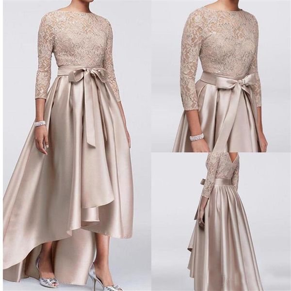 Chic Champagne A-line Alto Bajo Vestidos para madre de la novia Top de encaje con lentejuelas Vestidos de manga larga Vestidos de noche Boda barata Guest232r