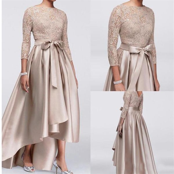 Chic Champagne A-line Alto Bajo Vestidos para madre de la novia Top de encaje con lentejuelas Vestidos de manga larga Vestidos de noche Invitado de boda barato290Q