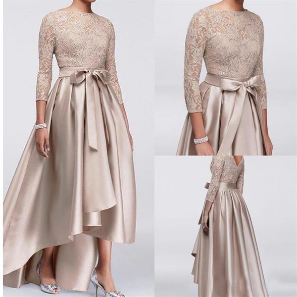 Chic Champagne A-ligne Haut Bas Mère De La Mariée Robes Paillettes Dentelle Top Manches Longues Robes De Soirée Pas Cher De Mariage Invité289E