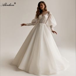 Applications en mousseline de mousseline chic Scoop Robe de mariée A-Line Slevés Puff Sleeves Lace Up Up Bridal Robes 2024