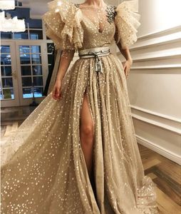 Chic Dark Gold Prom Dresses Illusion Neck High Side Slit A Line Avondjurk Puffy 3/4 Mouwen Vestaglia Donna Shiny Tulle Arabic Formal Party Town