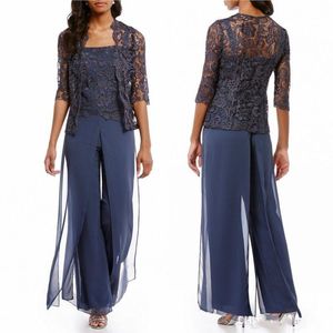 Chique donkere marine moeder van de bruid broek pakken met jas goedkope kant chiffon land strand bruiloft gasten jurken formele avond feestkleding