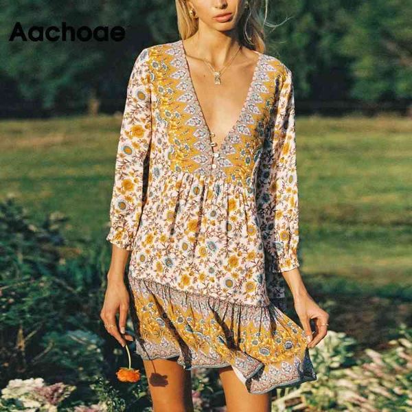 Chic col en V profond lâche Mini robes femmes rétro imprimé fleuri été à manches longues Boho robe de plage dames robes d'été 210413