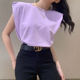 Chic Design Grün Schulter Pad High Fashion T Shirt Frauen Solide Baumwolle Ärmellose Sommer Lose Tops 2022 Neue Büro Dame