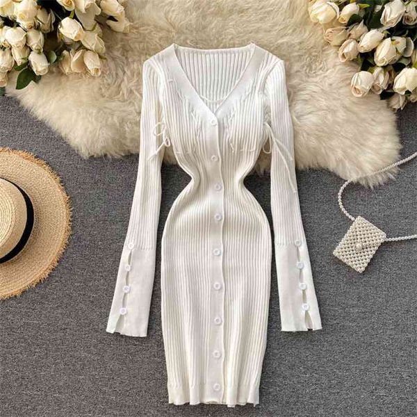 design chic sexy côtes tricot mini robe femmes blanc noir col en v manches longues simple boutonnage à lacets mince parti 210603