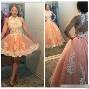 Chique afneembare rok homecoming quinceanera jurken 2020 bloos roze witte kant hoge nek, hoewel back prom baljurken formele jurk goedkoop