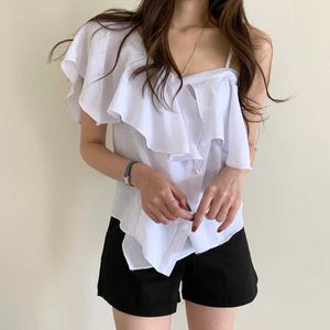 Chic Elegant Slim Sexy Off The Shoulder Ruffles Patchwork Side Single-Breasted Spaghetti Riem Onregelmatige Blouse Dames Blusas 210610