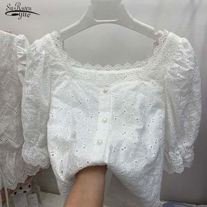 Chic Borduurwerk Kant Blouse Dames Tops Zomer Knipsel Vintage Franse vierkante kraag Causal White Shirt Blusas 13874 210521