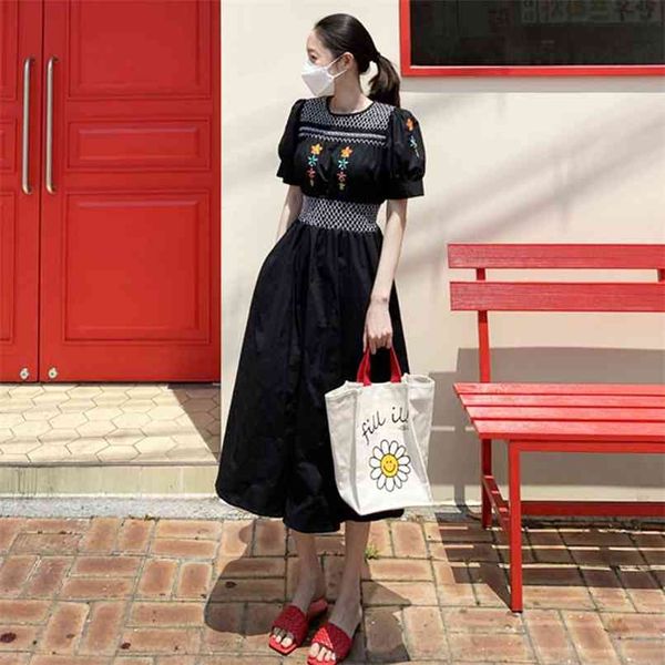 Chic bordado cintura elegante vestido femenino de manga media falda de longitud media verano moda coreana ropa de mujer 210520