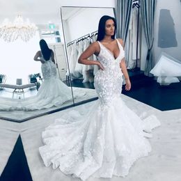 Vestidos De novia De sirena De encaje Floral elegante, Vestido De novia De talla grande, escote en V profundo, Fondo plisado, Vestido De novia